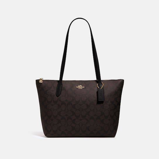 (USA Ready Stock) Coach Zip Top Tote In Signature Canvas Brown Black ...