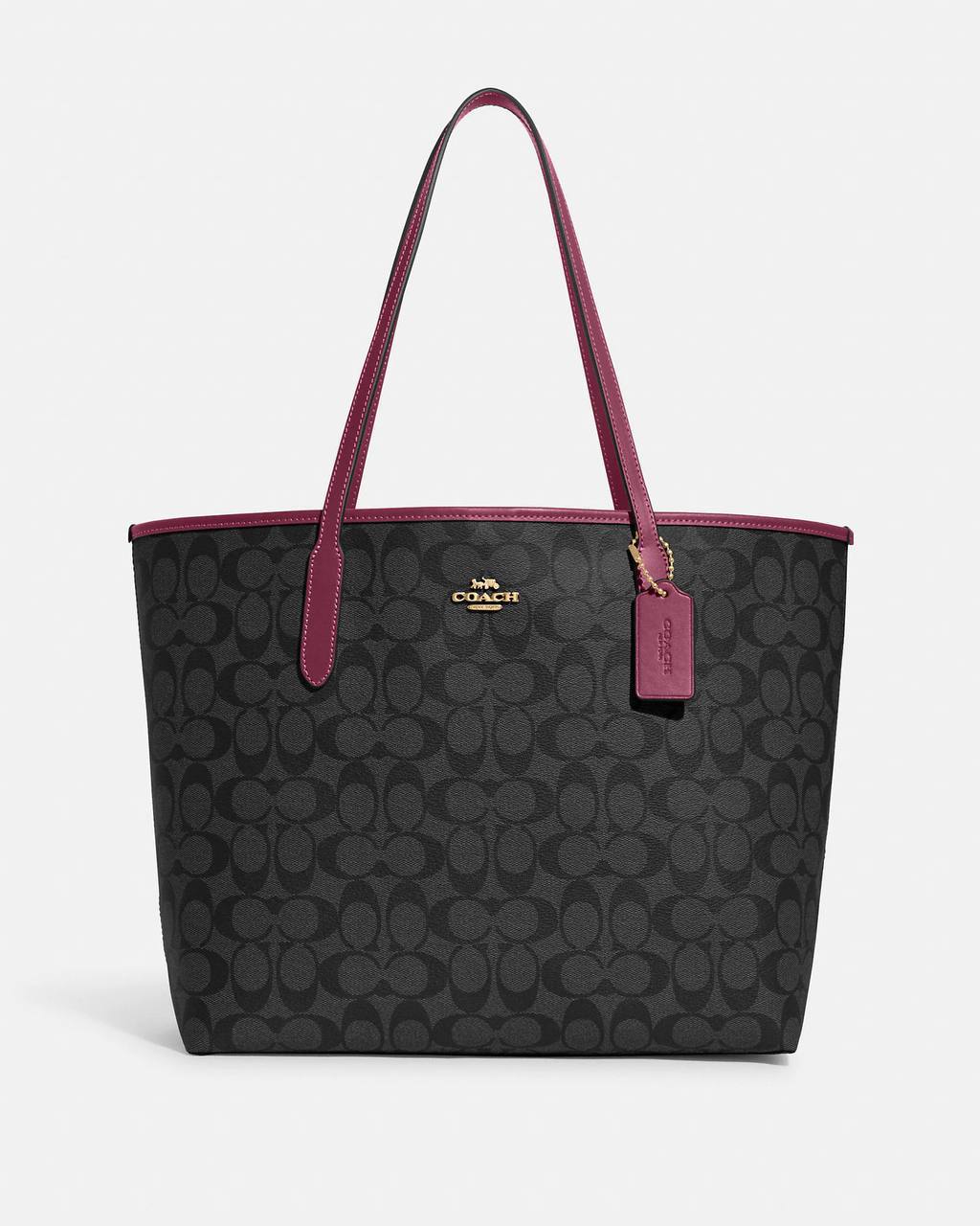 (Pre Order) coach open signature city tote graphite black cherry