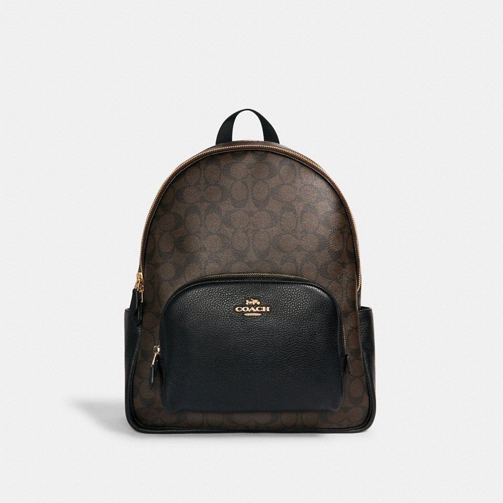 Coach Large Court Backpack In Signature Canvas in Brown/Black - Amory