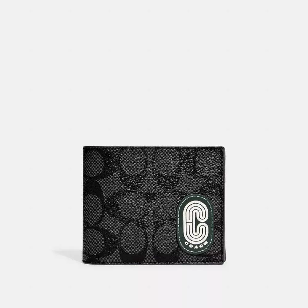 (Pre Order) Coach Men 3 In 1 Wallet In Colorblock Signature Canvas With Coach Patch in Charcoal/Amazon Green (C8297)