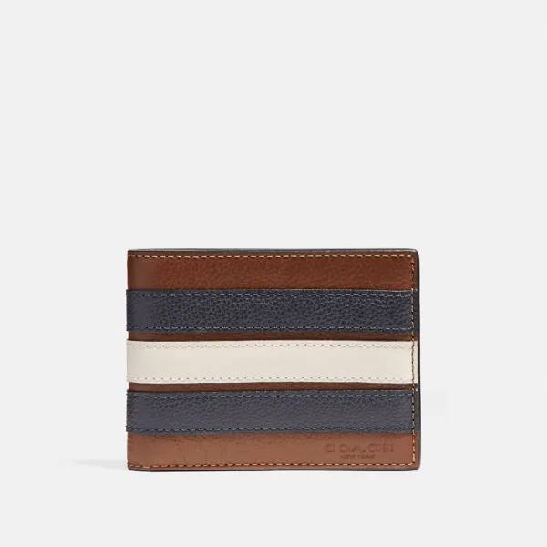 (USA Ready Stock) Coach Men Slim Billfold Wallet With Varsity Stripe in Saddle/Midnight Navy/Chalk (F26171)