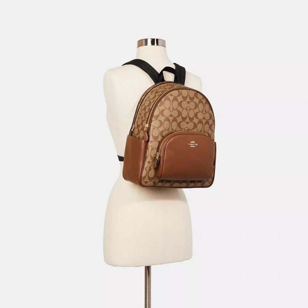 Coach Court Backpack in Signature Canvas in Khaki/Saddle 2 - Image 4