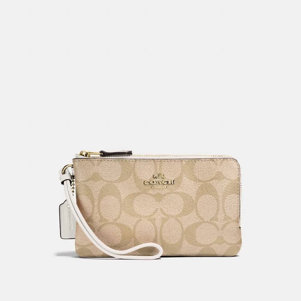 (Pre Order) Coach Signature PVC Double Corner Zip Wristlet in Light Khaki/Chalk
