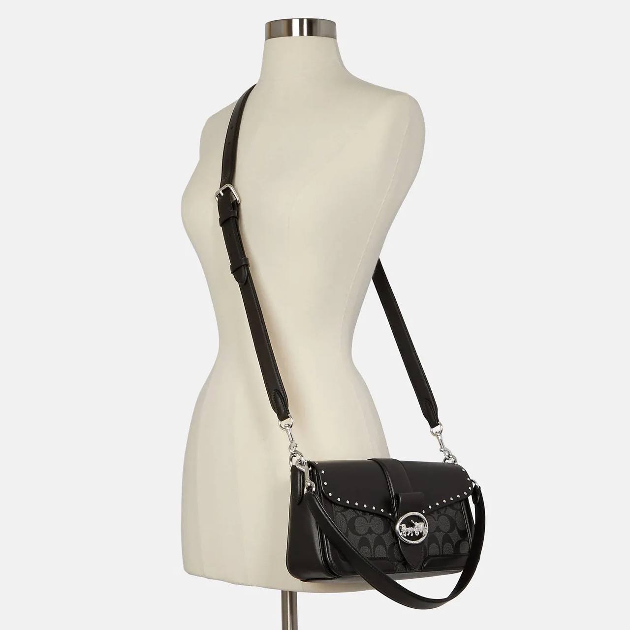 Coach Georgie Shoulder Bag in Colorblock Signature Canvas With Rivets in Graphite/Black Multi - Image 3