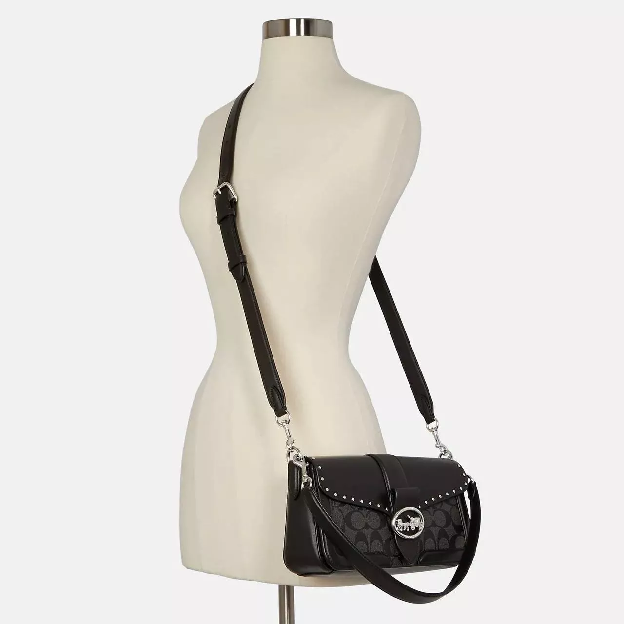 Coach Georgie Shoulder Bag in Colorblock Signature Canvas With Rivets in Graphite/Black Multi - Image 3