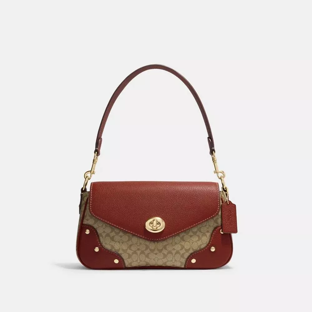 Coach Millie Shoulder Bag In Colorblock Signature Canvas in Khaki/Terracotta