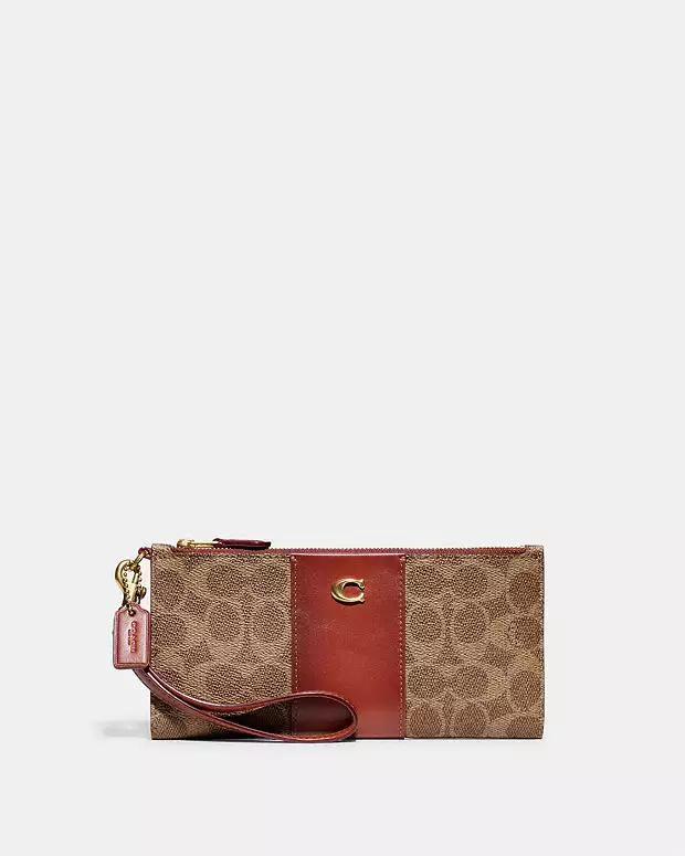 (Pre Order) coach double zip wallet in signature canvas tan rust - Amory