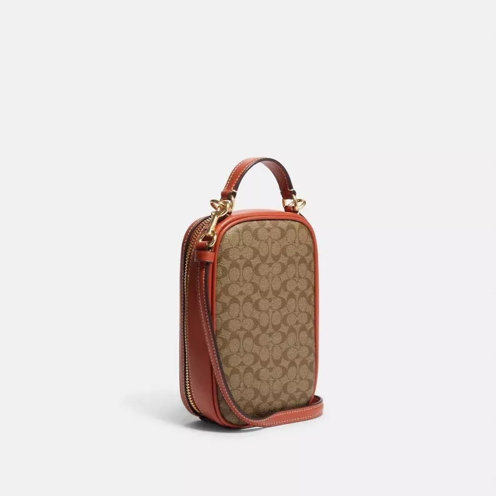 Coach Eva Phone Crossbody In Colorblock Micro Signature Canvas In Khaki/Terracotta - Image 2