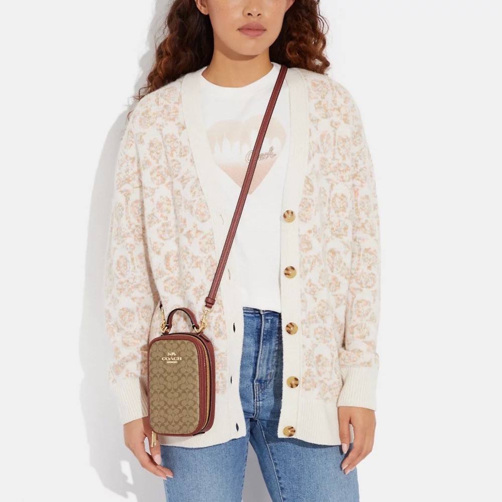 Coach Eva Phone Crossbody In Colorblock Micro Signature Canvas In Khaki/Terracotta - Image 4