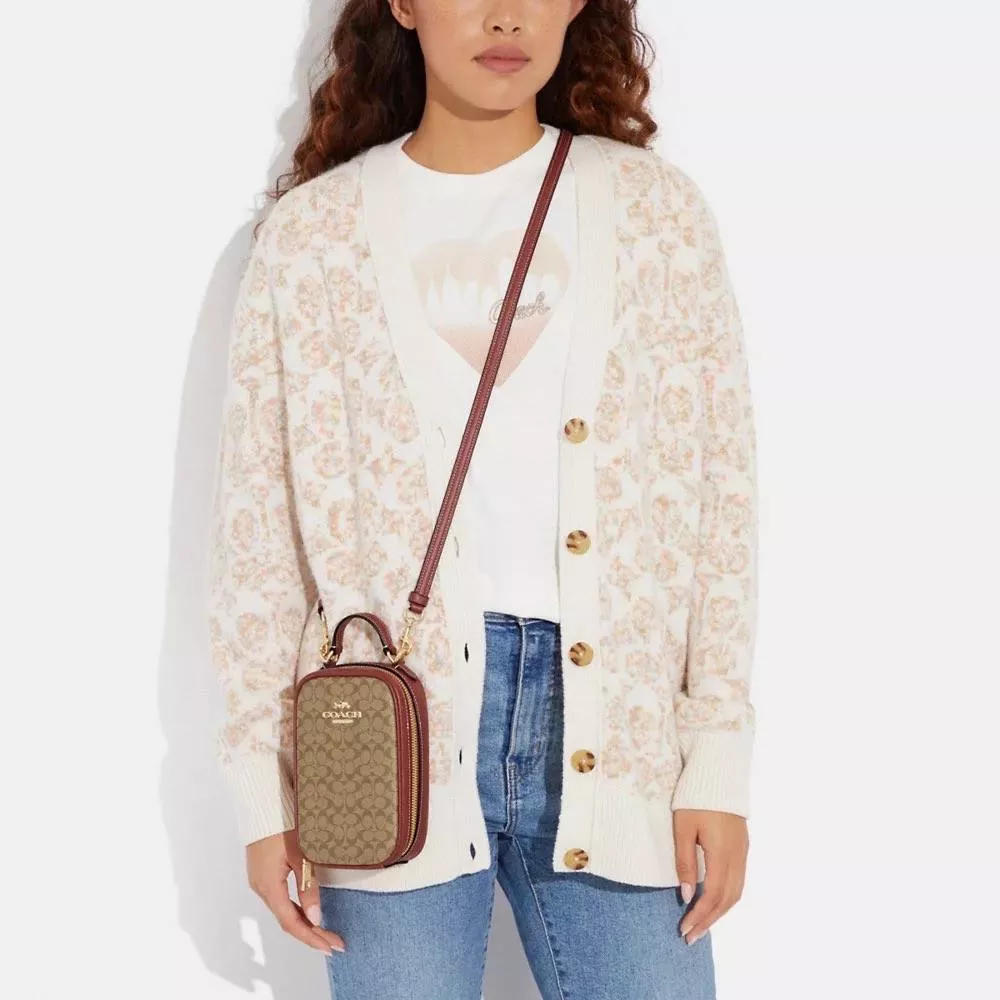 Coach Eva Phone Crossbody In Colorblock Micro Signature Canvas In Khaki/Terracotta - Image 4