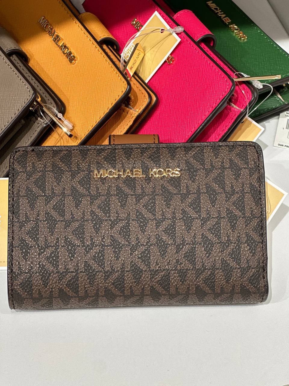 Michael Kors jet set travel medium zip around coin wallet in signature brown