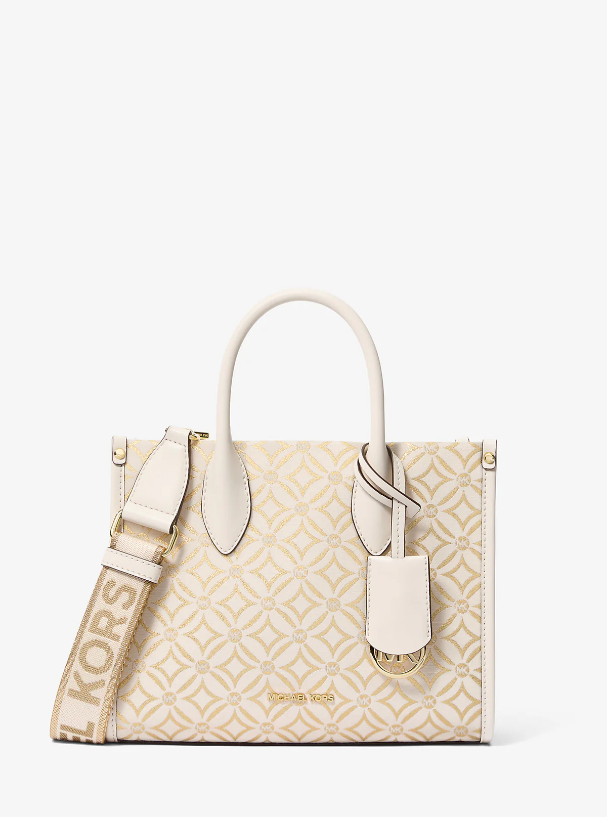 (Pre Order) michael kors mirella small metallic logo jacquard crossbody bag in light cream multi (35f4g7zc5j)
