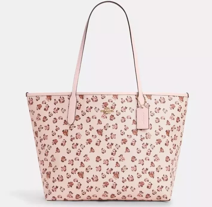 Coach City Tote Shoulder Bag Signature Canvas Rose Rosette Print Blush Pink