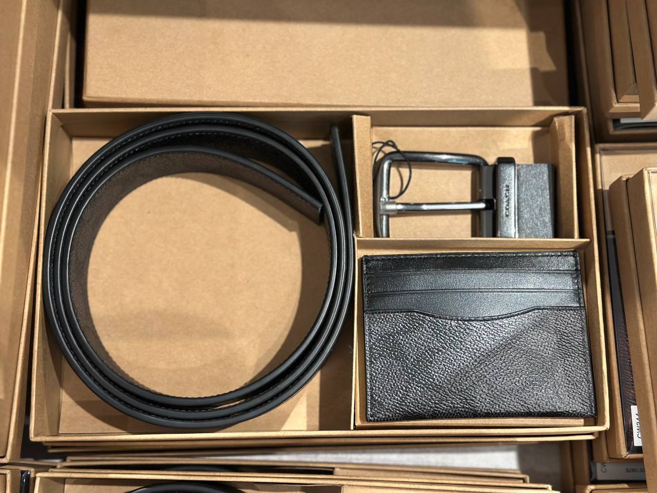 Coach Boxed Card Case And Belt Set In Signature Canvas Charcoal Black