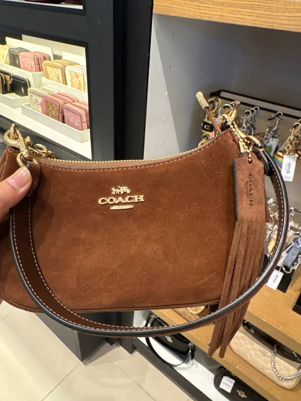 coach mini teri crossbody in suede vintage brown